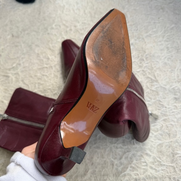 Zara Burgundy Leather Kitten Heel Zip Boots – Size 37 - Picture 5 of 5